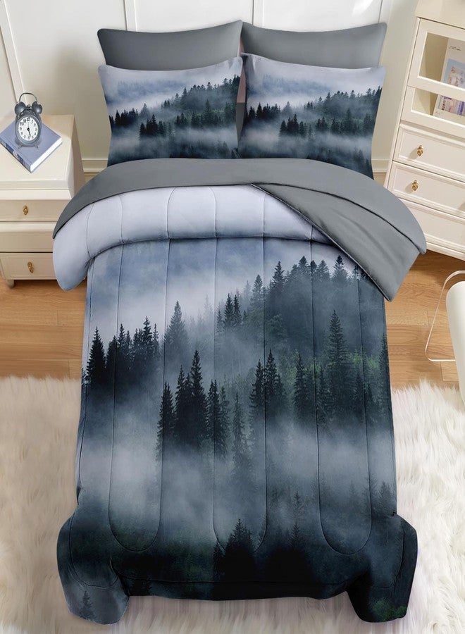 Nesker 7 Pcs Comforter Set Queen Size, Wood Forest Fog Bedding Set for Kids and Adults, Pine Tree Mountain Bed Sheet Sets with Fitted Sheet 2 Pillowcases & 2 Shams - Image 1