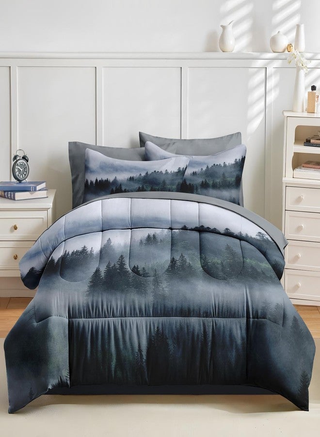 Nesker 7 Pcs Comforter Set Queen Size, Wood Forest Fog Bedding Set for Kids and Adults, Pine Tree Mountain Bed Sheet Sets with Fitted Sheet 2 Pillowcases & 2 Shams - Image 2