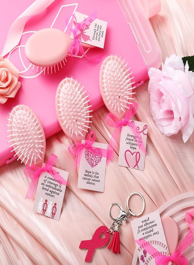 Meanplan 12 Sets Breast Cancer Awareness Gift for Women Pink Ribbon Mini Hair Brush with Card Motivational Breast Cancer Awareness Accessories Item for Survivor Charity Event Support Party Supplies - Image 2