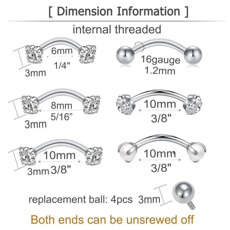 MODRSA Rook Piercing Jewelry - Silver Eyebrow Rings & Tragus Piercing Earrings - Curved Barbell - Image 2