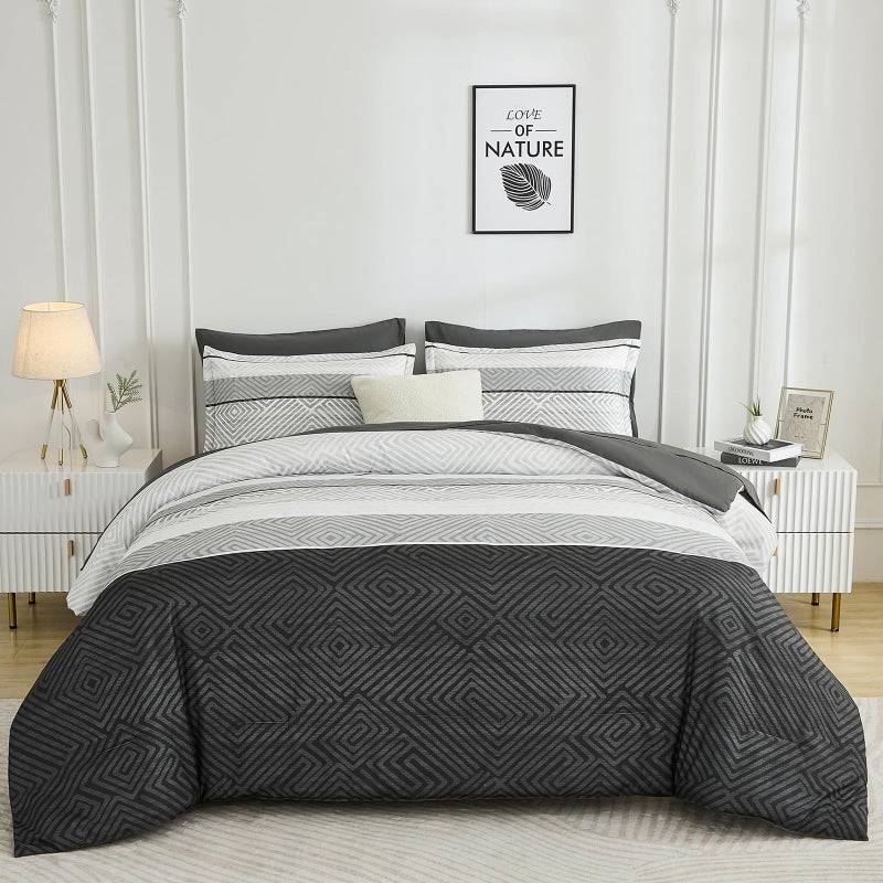 Drucon Black and Grey Comforter Set Queen Size 7 Piece Bed in a Bag, Boho Striped Bedding Set, Soft Microfiber Comforter and Sheet Set for All Season (Queen, 90"x90") - Image 2