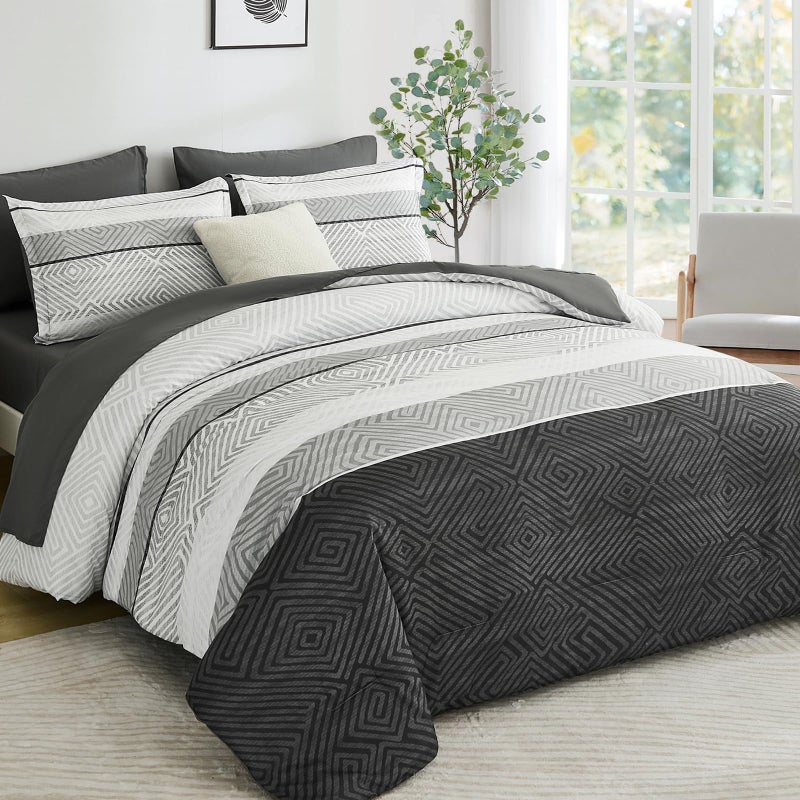 Drucon Black and Grey Comforter Set Queen Size 7 Piece Bed in a Bag, Boho Striped Bedding Set, Soft Microfiber Comforter and Sheet Set for All Season (Queen, 90"x90") - Image 1