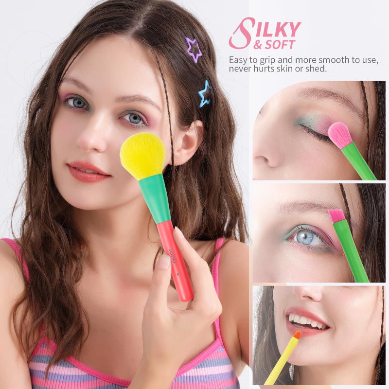 Docolor Makeup Brushes 15Pcs Colourful Makeup Brush Set Premium Gift Synthetic Face Powder Kabuki Foundation Contour Blush Concealers Eye Shadow Blending Make Up Brush Kit - Dream of Color - Image 3