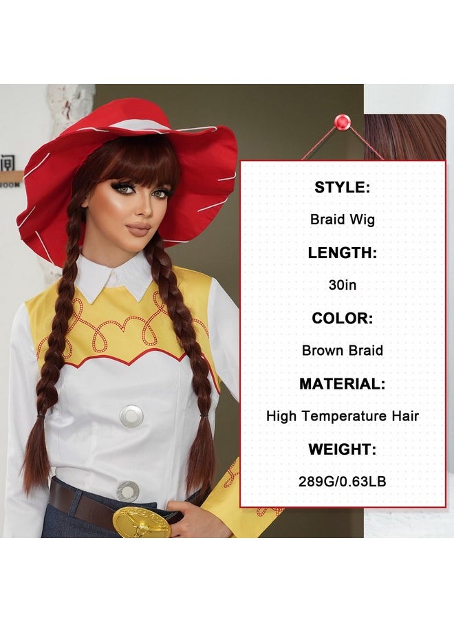 7JHH WIGS - Long Ponytail Wig 30In Halloween Lolita Double Ponytail Braid Wig For Women Brown Wig With Rose Pink Highlight Cosplay Party Wigs High Temperature Heat Resistant Fiber Natural Hairline Wig - Image 1