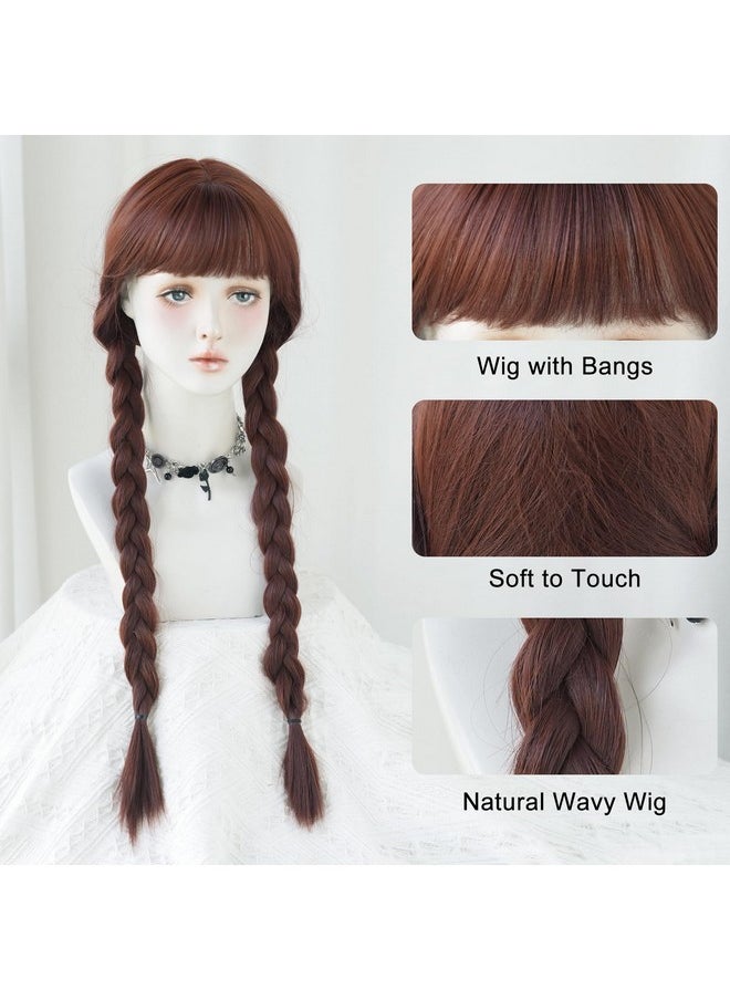 7JHH WIGS - Long Ponytail Wig 30In Halloween Lolita Double Ponytail Braid Wig For Women Brown Wig With Rose Pink Highlight Cosplay Party Wigs High Temperature Heat Resistant Fiber Natural Hairline Wig - Image 1