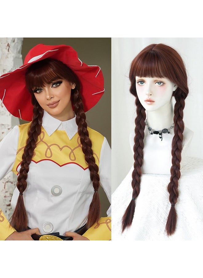 7JHH WIGS - Long Ponytail Wig 30In Halloween Lolita Double Ponytail Braid Wig For Women Brown Wig With Rose Pink Highlight Cosplay Party Wigs High Temperature Heat Resistant Fiber Natural Hairline Wig - Image 1