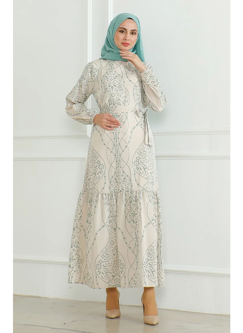 Sefa Merve Patterned Belted Linen Dress 0471E-03 Beige Almond Green