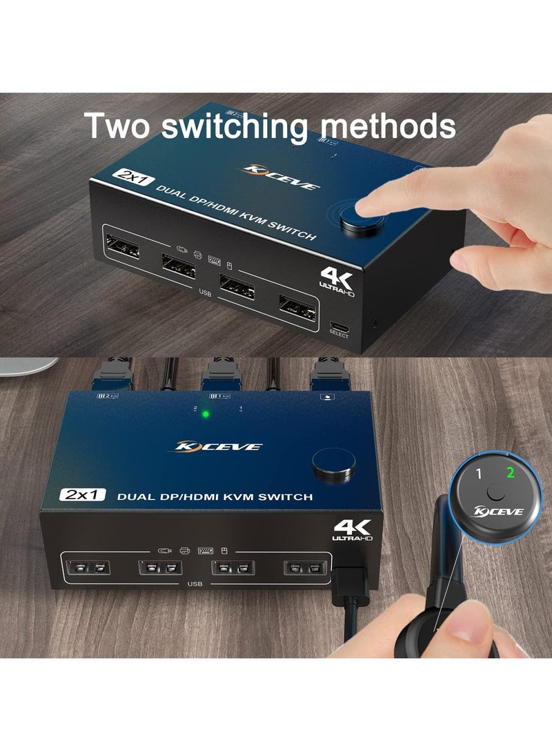 Generic - Dual Monitor KVM Switch HDMI+DisplayPort 4K@60Hz/2K@120Hz - Switcher for Sharing 2 Monitors, 4 USB 2.0 Ports Among 2 Computers, Includes Wired Remote & 4 Cables - Image 1