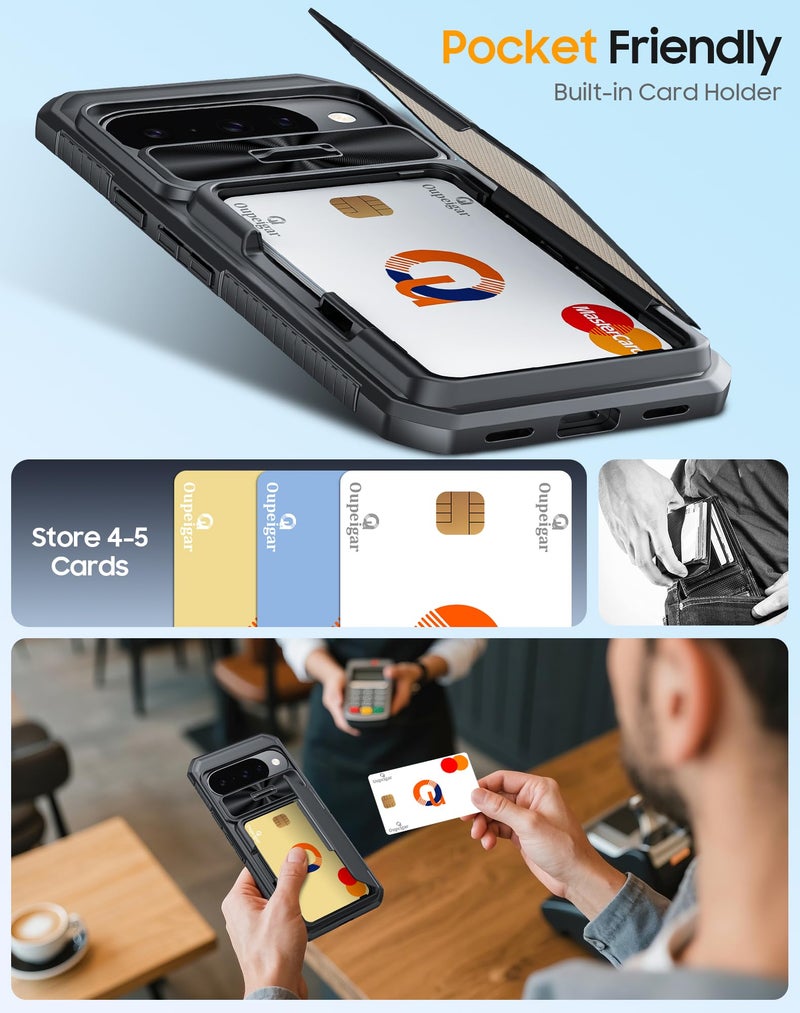 oupeigar for Google Pixel 10 Pro Case with Card Holder & RFID Blocking & Sliding Camera Cover & Kickstand Non-Slip Full-Body Shockproof Wallet Phone Case for Pixel 10 Pro (Black) - Image 3
