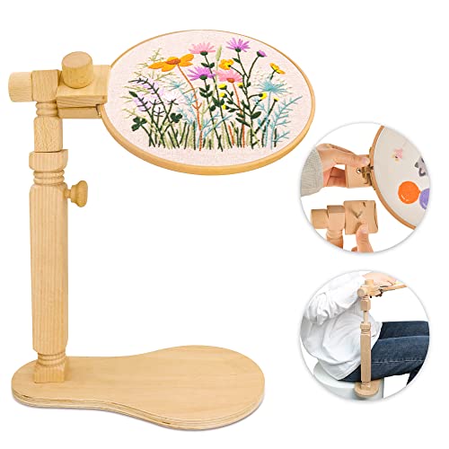 GuoFa Adjustable Embroidery Hoop Stand Cross Stitch Stand Lap, Beech Wood Embroidery Hoop Holder Frame, Rotated Needlepoint Frame Stand for Art Craft Sewing Needlework Projects - Image 1