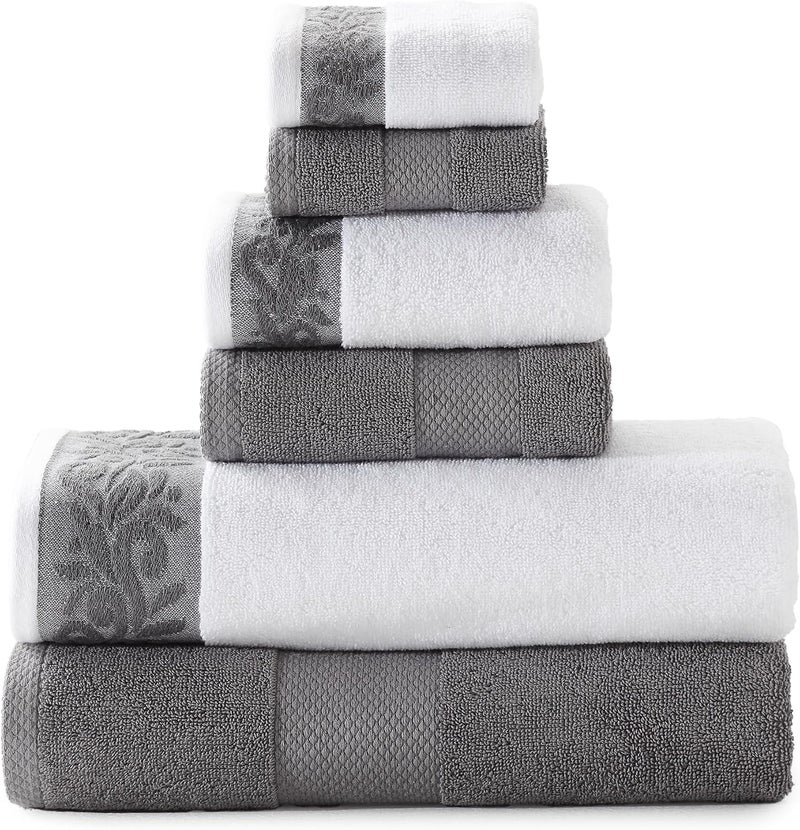 Modern Threads 600 GSM 6-Piece Towel Set with Filgree Jacquard Border Charcoal - Image 1