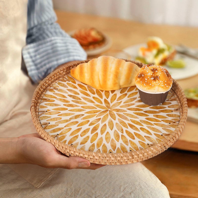 Tynulox Round Rattan Tray with Mother of Pearl Inlay, Rattan Serving Tray for Coffee, Bread, Fruits, Decorative Wicker Tray for Table Decor, Home Decor, Kitchen Island Decor (Amber Leaf, 11.8") - Image 4