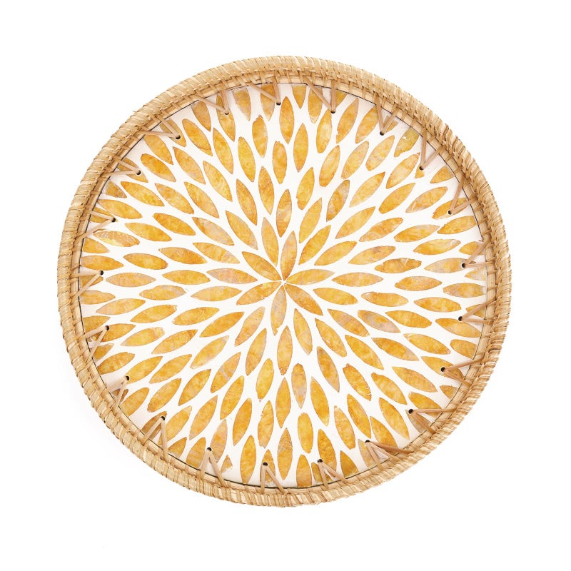 Tynulox Round Rattan Tray with Mother of Pearl Inlay, Rattan Serving Tray for Coffee, Bread, Fruits, Decorative Wicker Tray for Table Decor, Home Decor, Kitchen Island Decor (Amber Leaf, 11.8") - Image 1