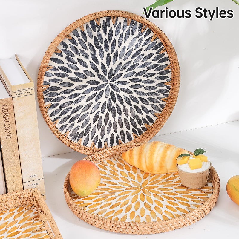 Tynulox Round Rattan Tray with Mother of Pearl Inlay, Rattan Serving Tray for Coffee, Bread, Fruits, Decorative Wicker Tray for Table Decor, Home Decor, Kitchen Island Decor (Amber Leaf, 11.8") - Image 3