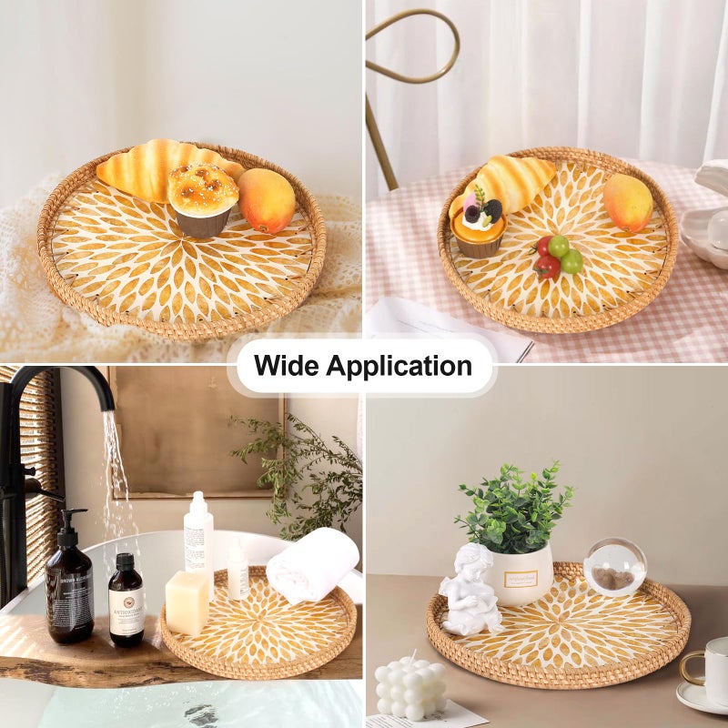 Tynulox Round Rattan Tray with Mother of Pearl Inlay, Rattan Serving Tray for Coffee, Bread, Fruits, Decorative Wicker Tray for Table Decor, Home Decor, Kitchen Island Decor (Amber Leaf, 11.8") - Image 2