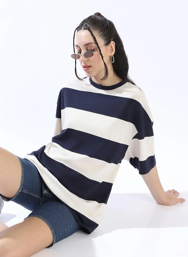 HIGH STAR Women's Multicolour Single Jersey Fabric Striped Oversized T-Shirt
