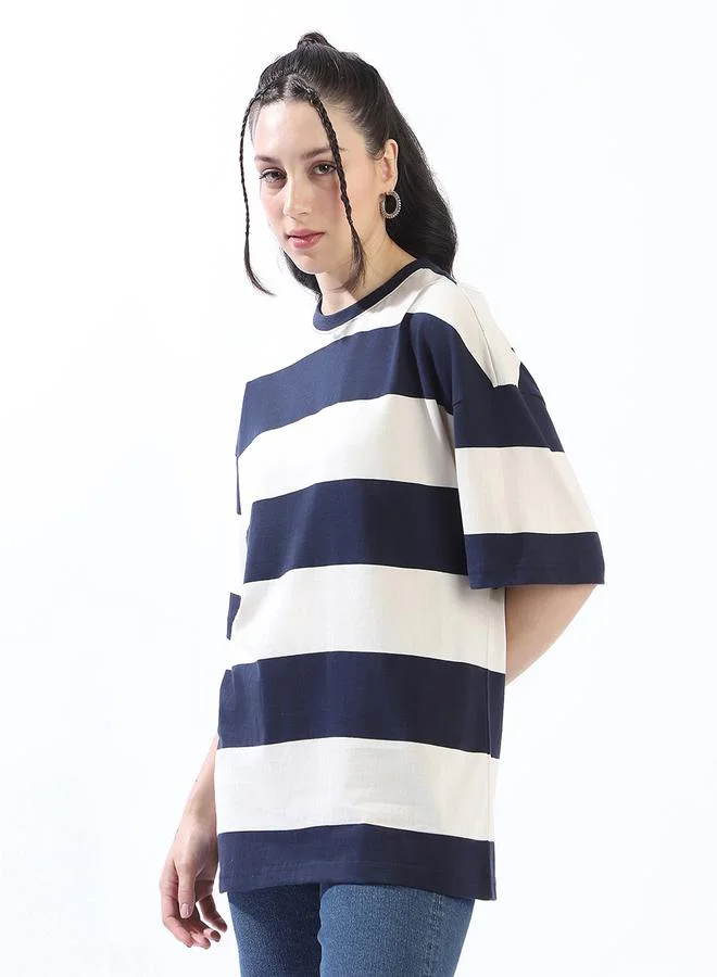 HIGH STAR Women's Multicolour Single Jersey Fabric Striped Oversized T-Shirt
