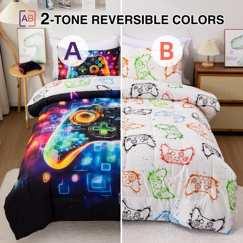 Aimuan Gamer Gaming Bedding Sets 3D Gamepad Comforter Sets for Boys Games Console Action Buttons Novelty Colorful Game Controller Modern Room Decor Home Quilt Set (Black-Blue, Twin) - Image 2