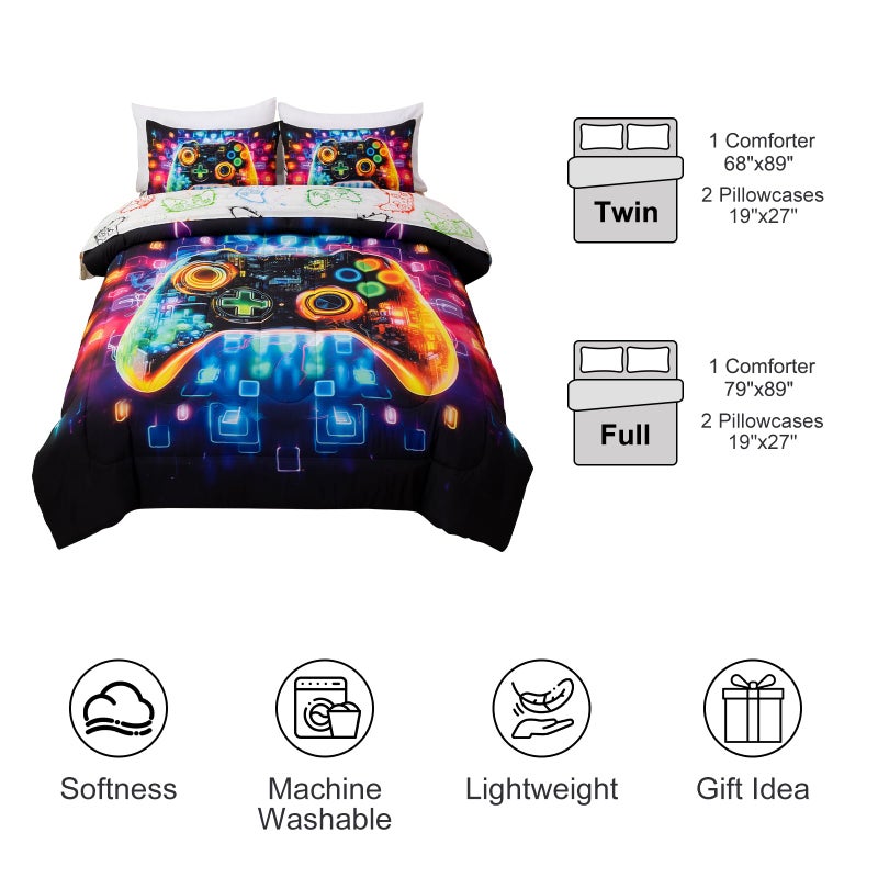 Aimuan Gamer Gaming Bedding Sets 3D Gamepad Comforter Sets for Boys Games Console Action Buttons Novelty Colorful Game Controller Modern Room Decor Home Quilt Set (Black-Blue, Twin) - Image 5