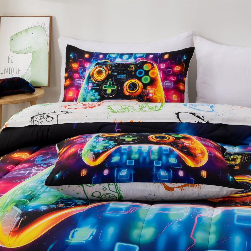Aimuan Gamer Gaming Bedding Sets 3D Gamepad Comforter Sets for Boys Games Console Action Buttons Novelty Colorful Game Controller Modern Room Decor Home Quilt Set (Black-Blue, Twin) - Image 4