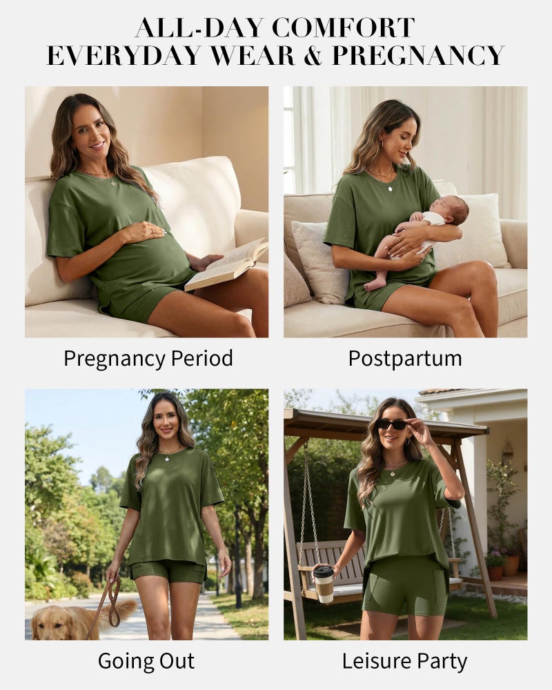 Charmo 2 Piece Short Sets for Women Summer Vacation Outfits Lounge Matching Maternity Set with Pockets Army Green L - Image 5