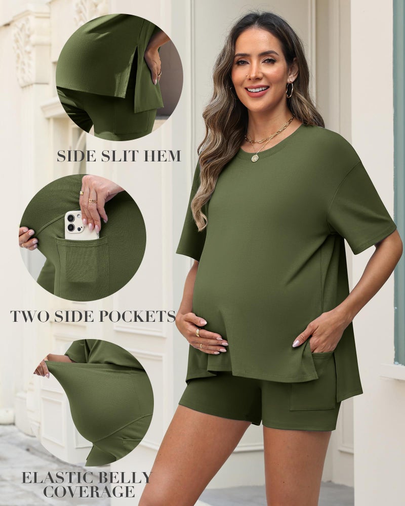 Charmo 2 Piece Short Sets for Women Summer Vacation Outfits Lounge Matching Maternity Set with Pockets Army Green L - Image 4
