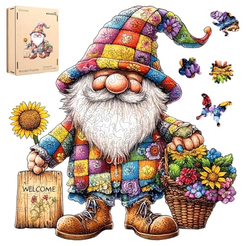 Qiuenisray Wooden Puzzles Spring Gnomes 200 Pieces Sunflower Flower Jigsaw Puzzles FSC Certified Beautiful Puzzle Unique Shape Adult Puzzles Piece Creative Gift for Adults Family Game 111x114 in - Image 1