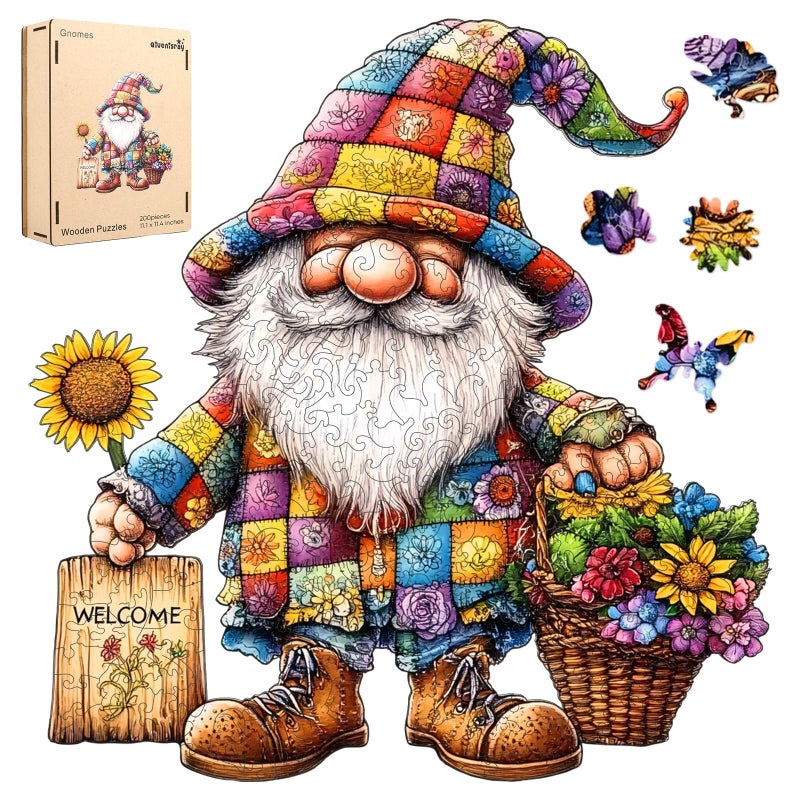 Qiuenisray Wooden Puzzles Spring Gnomes 200 Pieces Sunflower Flower Jigsaw Puzzles FSC Certified Beautiful Puzzle Unique Shape Adult Puzzles Piece Creative Gift for Adults Family Game 111x114 in - Image 3