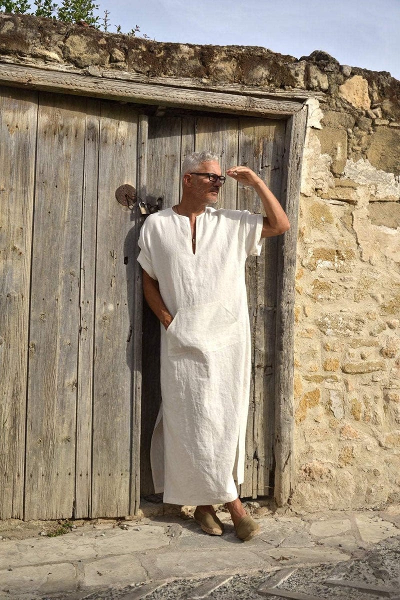 Men's V-Neck Linen Robe Short Sleeve Kaftan Thobe Long Gown Casual Shirt for Beach - Image 2
