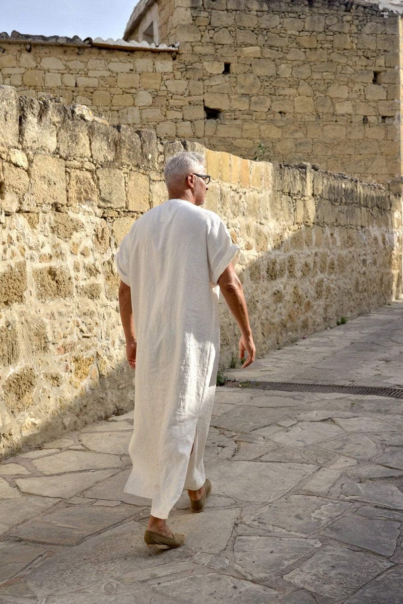 Men's V-Neck Linen Robe Short Sleeve Kaftan Thobe Long Gown Casual Shirt for Beach - Image 3