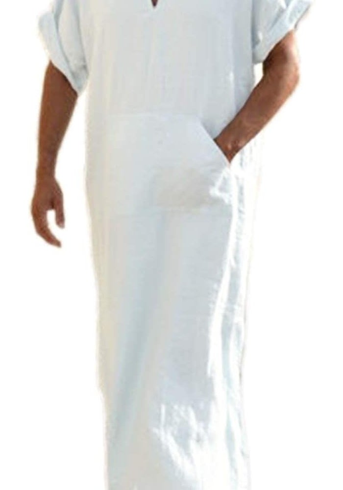 Men's V-Neck Linen Robe Short Sleeve Kaftan Thobe Long Gown Casual Shirt for Beach - Image 1