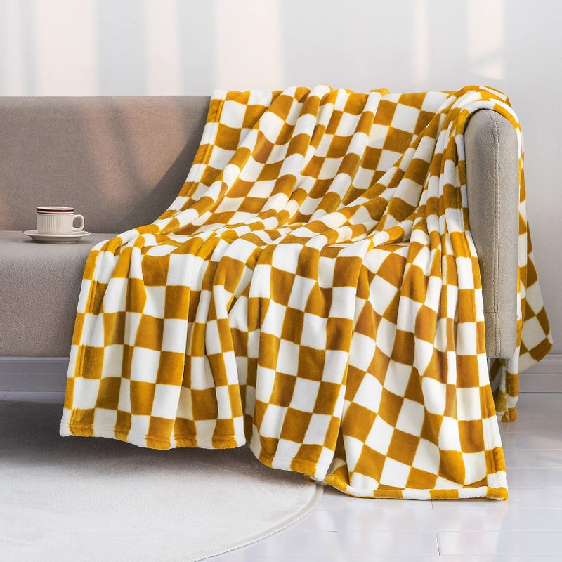 LOMAO Throw Blankets Flannel Blanket with Checkerboard Grid Pattern Soft Throw Blanket for Couch Bed Sofa Luxurious Warm and Cozy for All Seasons Yellow 60x80