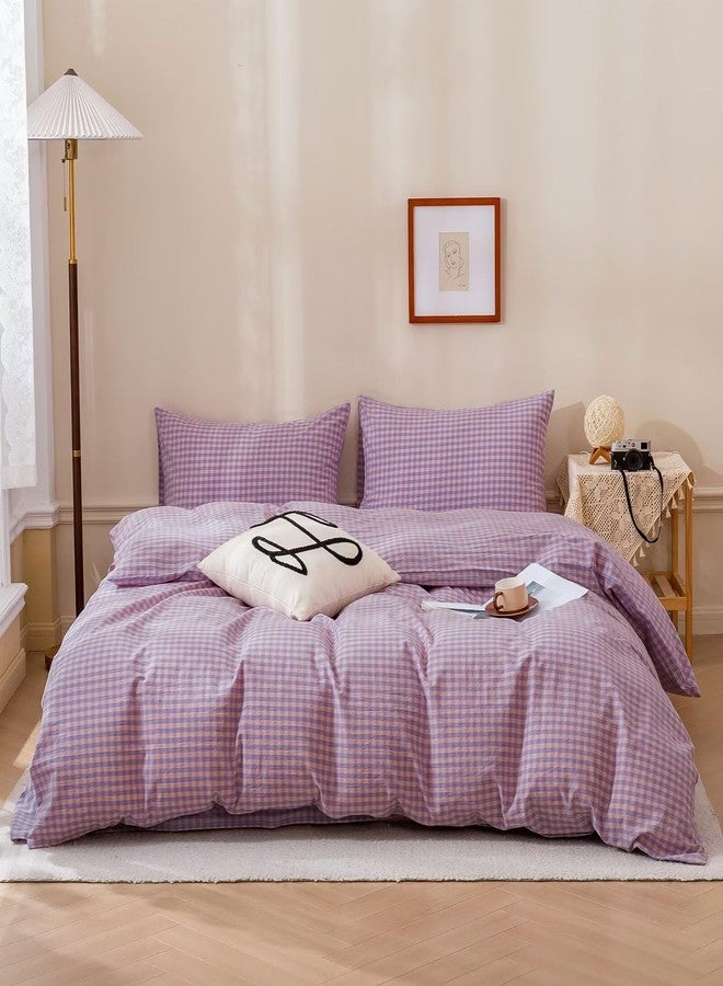 BuLuTu Purple Check Duvet Cover Set Full Cotton Soft Breathable Bedding Duvet Cover for Kids Boys Buffalo Plaid Purple Comforter Cover Set 【 3Pcs -1 Full Duvet Cover Set + 2 Pillowcases】 - Image 1