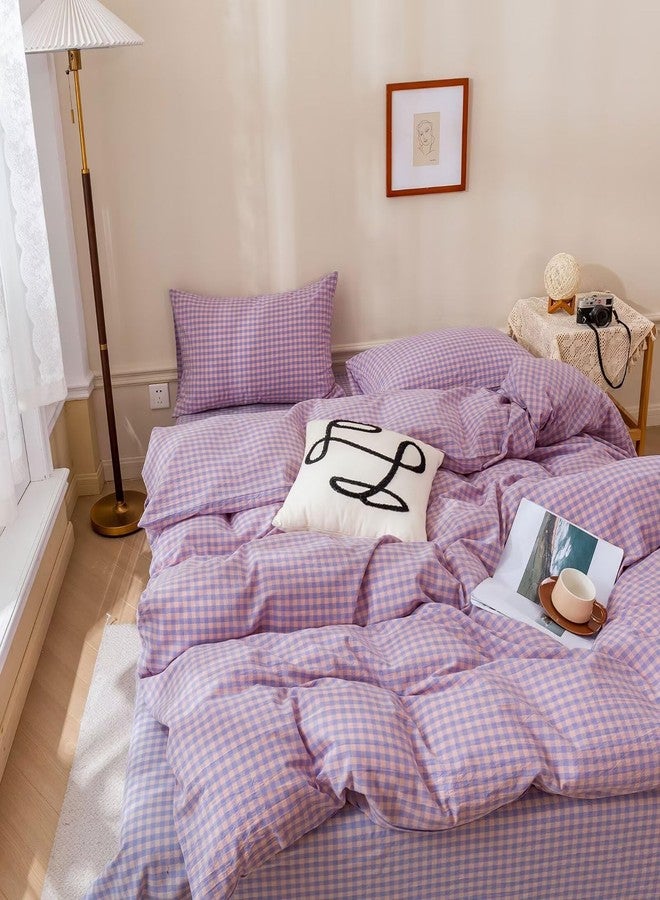 BuLuTu Purple Check Duvet Cover Set Full Cotton Soft Breathable Bedding Duvet Cover for Kids Boys Buffalo Plaid Purple Comforter Cover Set 【 3Pcs -1 Full Duvet Cover Set + 2 Pillowcases】 - Image 4