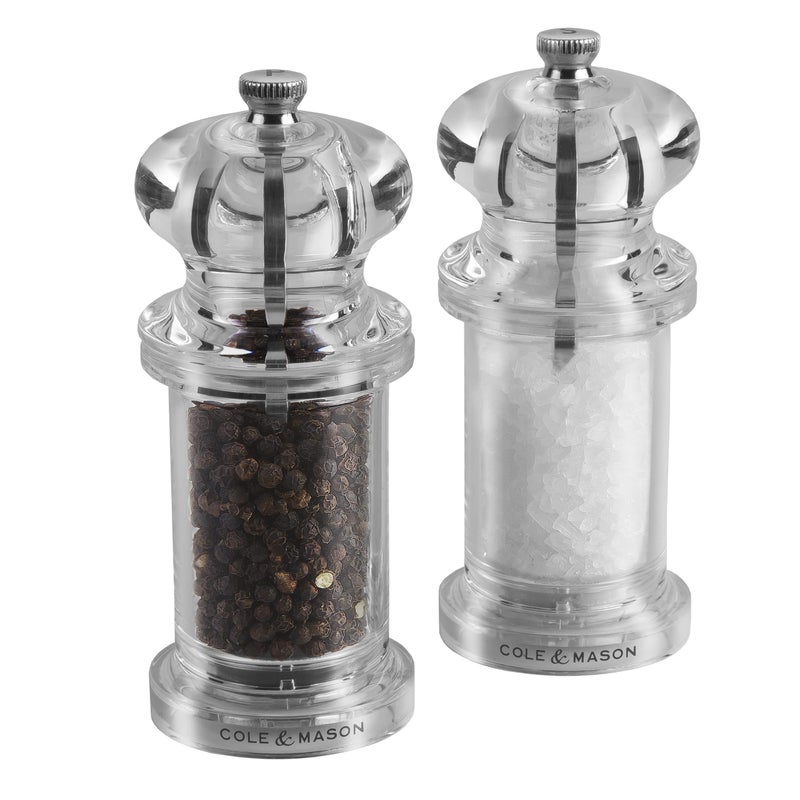 COLE & MASON 505 Salt and Pepper Grinder Set - Clear Acrylic Mills Includes Precision Mechanisms and Premium Sea Salt and Peppercorns - Image 1