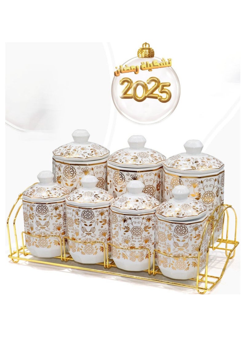 Ceramic Spice Jar Set with Gold Stand