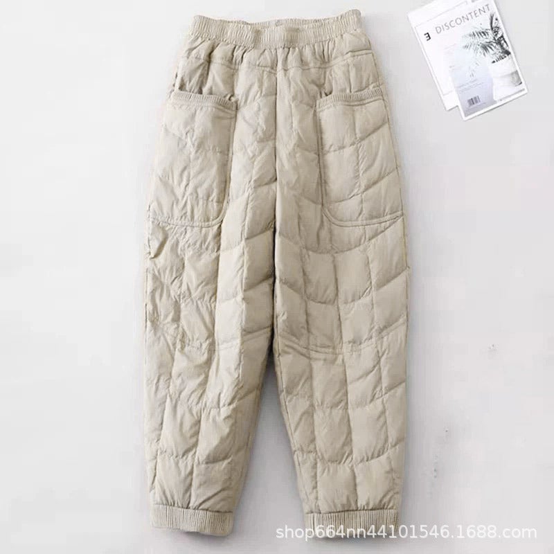 2024 Autumn/winter New Style Thickened Warm Down Pants Trendy Fashionable Loose Fit Elastic Waist Down Cotton Thermal Pants Khaki [1620#】  - Image 1