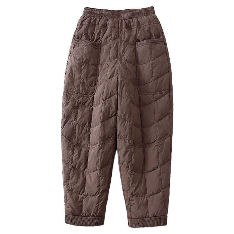 2024 Autumn/winter New Style Thickened Warm Down Pants Trendy Fashionable Loose Fit Elastic Waist Down Cotton Thermal Pants Khaki [1620#】  - Image 3