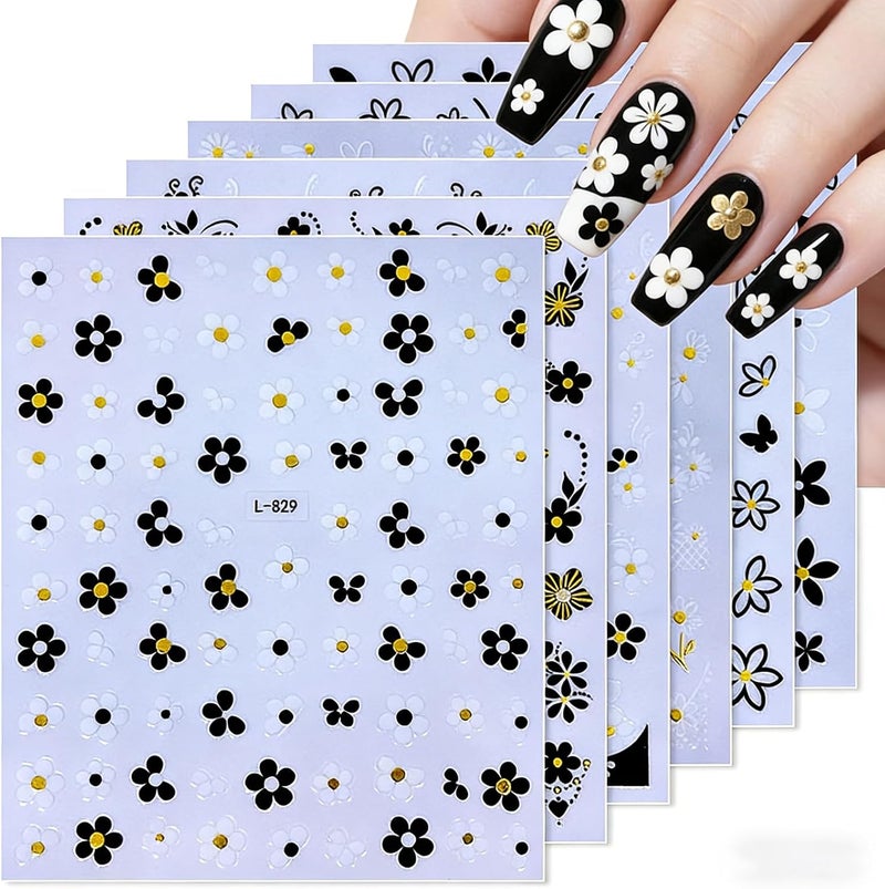 Maigitur 6Sheets Flower Nail Stickers Black White Gold Nail Decals Floral Nail Designs Spring Summer Buttefly Nails Supplies 3D Self-Adhesive French Tips Nails Art Stickers for Women DIY Manicure - Image 1