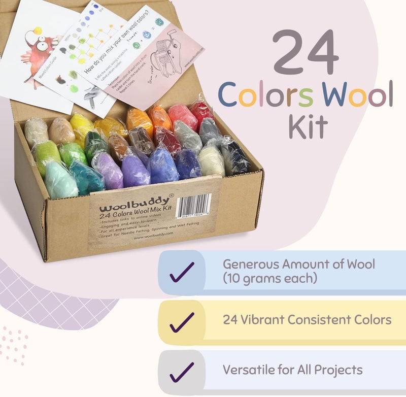 Woolbuddy Felting Wool Kit - 24 Vibrant Merino Wool Colors for Needle Felting, Wet Felting, and Crafts - Image 4
