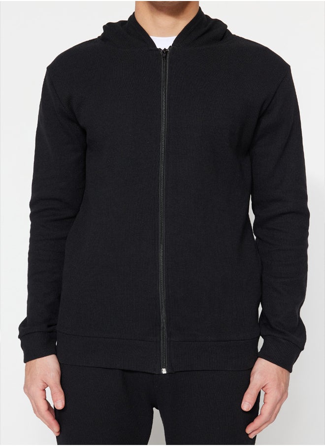 trendyol - Black Tracksuit Set Regular/Normal Cut Hooded Zipper Waffle TMNSS22EM0009 - Image 1