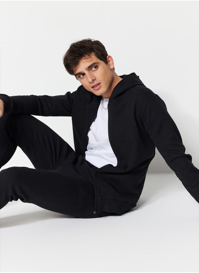 trendyol - Black Tracksuit Set Regular/Normal Cut Hooded Zipper Waffle TMNSS22EM0009 - Image 1