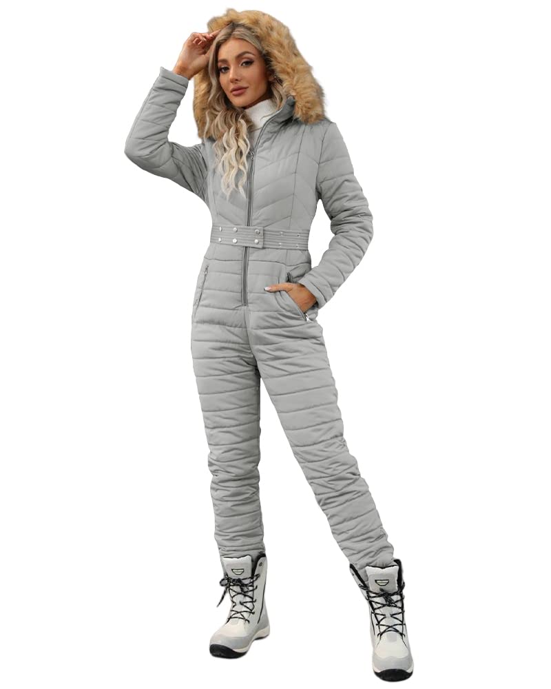 Cicy Bell Womens One Piece Ski Suits Winter Outdoor Sports Jumpsuit Fur Collar Coat Windproof Waterproof Hooded Snowsuit (Silver, Large) - Image 1