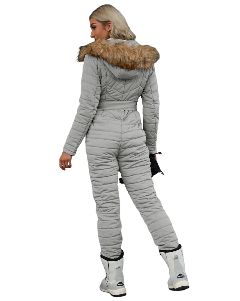 Cicy Bell Womens One Piece Ski Suits Winter Outdoor Sports Jumpsuit Fur Collar Coat Windproof Waterproof Hooded Snowsuit (Silver, Large) - Image 2