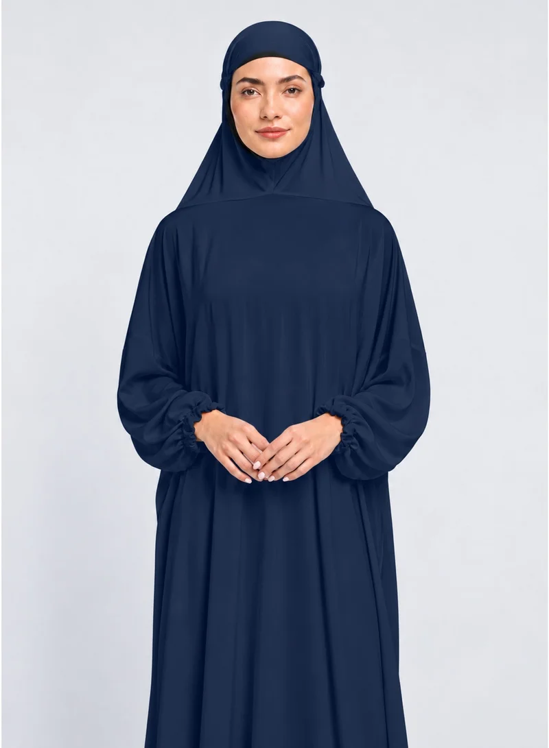 Neuness Women's Full-Length Prayer Abaya with Integrated Hijab, Harir Maqsood Fabric, Navy Blue
