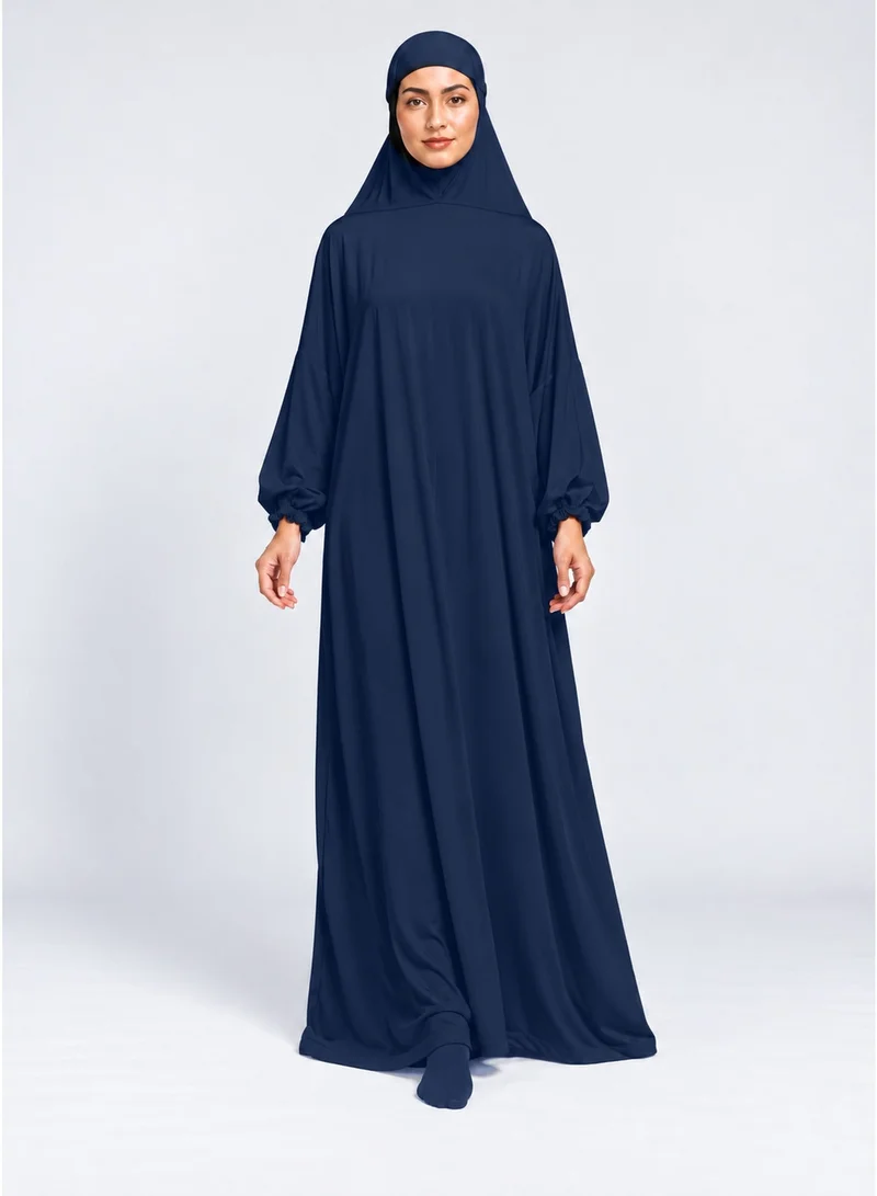 Neuness Women's Full-Length Prayer Abaya with Integrated Hijab, Harir Maqsood Fabric, Navy Blue