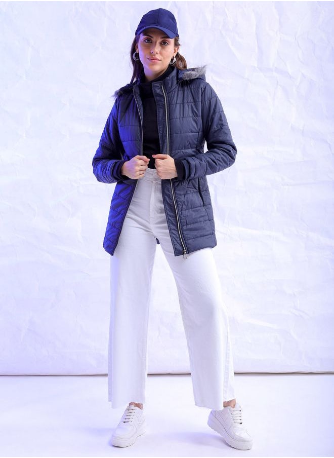 Freehand - Women Casual Slim Fit Long Sleeve Basic Parka With Fur Insert At Hood - Image 1