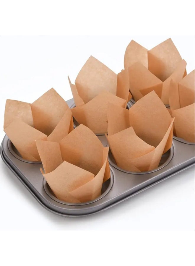 Tulip Paper Cup Baking Cake Holder Muffin Cup Flame Cup Oven High Temperature Resistant Muffin Oil-proof Paper Holder-Specifications:Straw Hat Paper Cup 30 PCs Brown - Image 3