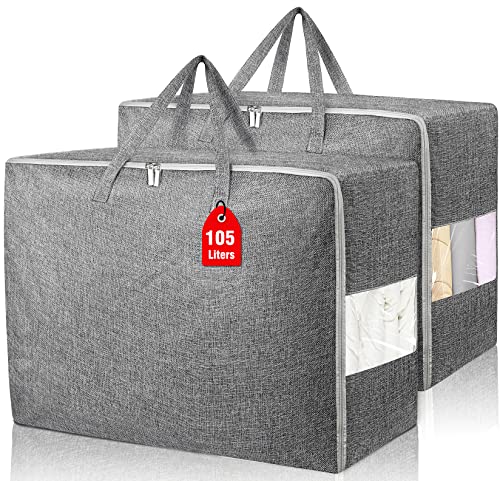 Besslly 2Pack 105L Extra Large Storage Bags, Folding Moving Comforter Blanket Storage Bags Closet Organizers and Storage Containers for Clothes with Strong Handles&Zippers Clear Window for Bedding Pillow Grey - Image 1