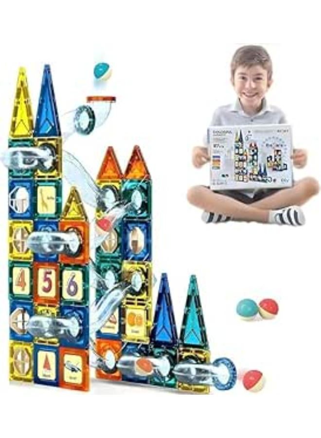 لعبة البلاط المغناطيسي | مجموعة ماربل ران المغناطيسية | لعبة تعليمية على ستيم | مكعبات بناء ثلاثية الأبعاد | أفضل هدية للأولاد والبنات من سن 3 سنوات فما فوق | كرات رخامية مع مسارات سباق و(97 قطعة)